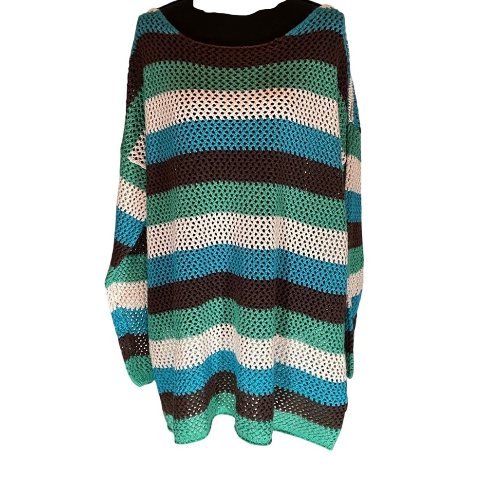 Striped Open Knit Crochet Sweater Teal Green Brown M Beachy Hippie Boho Oversize